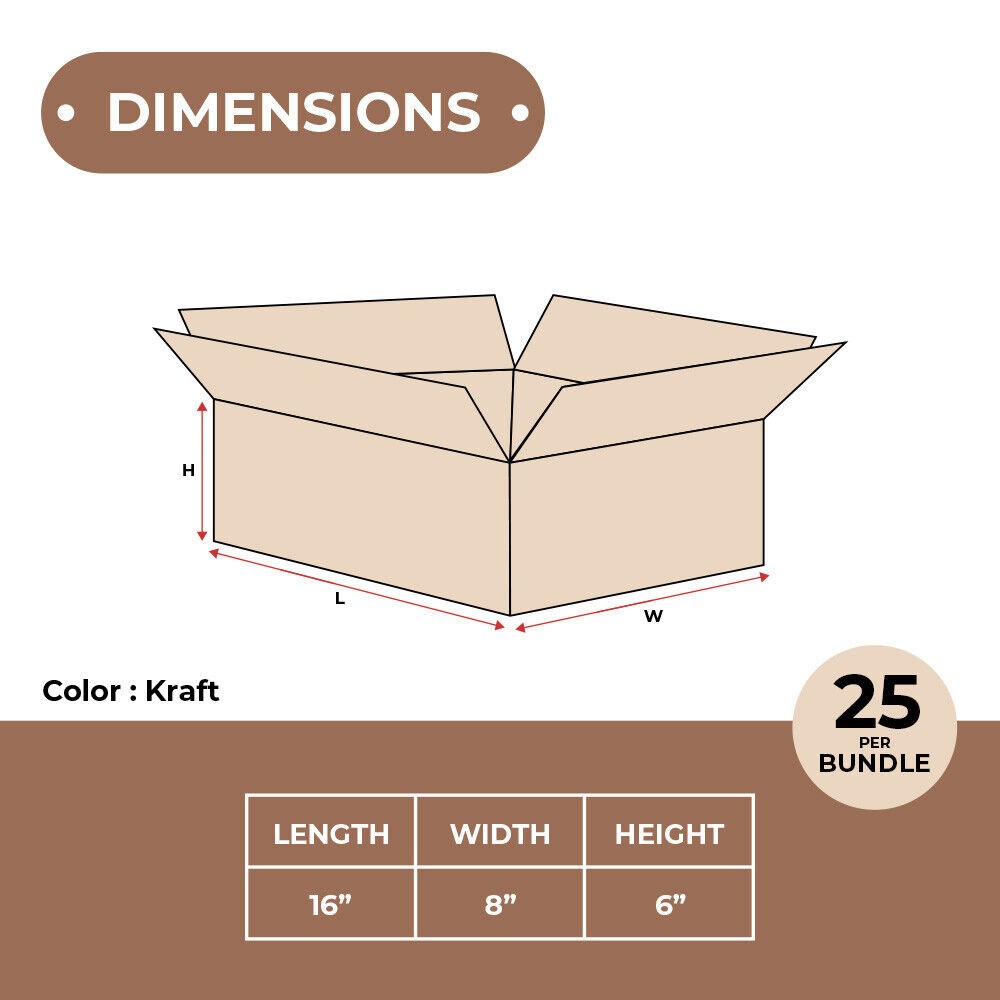 16 x 8 x 6″ Long Corrugated Boxes, ECT-32 Brown Shipping/Moving Boxes 25 Boxes