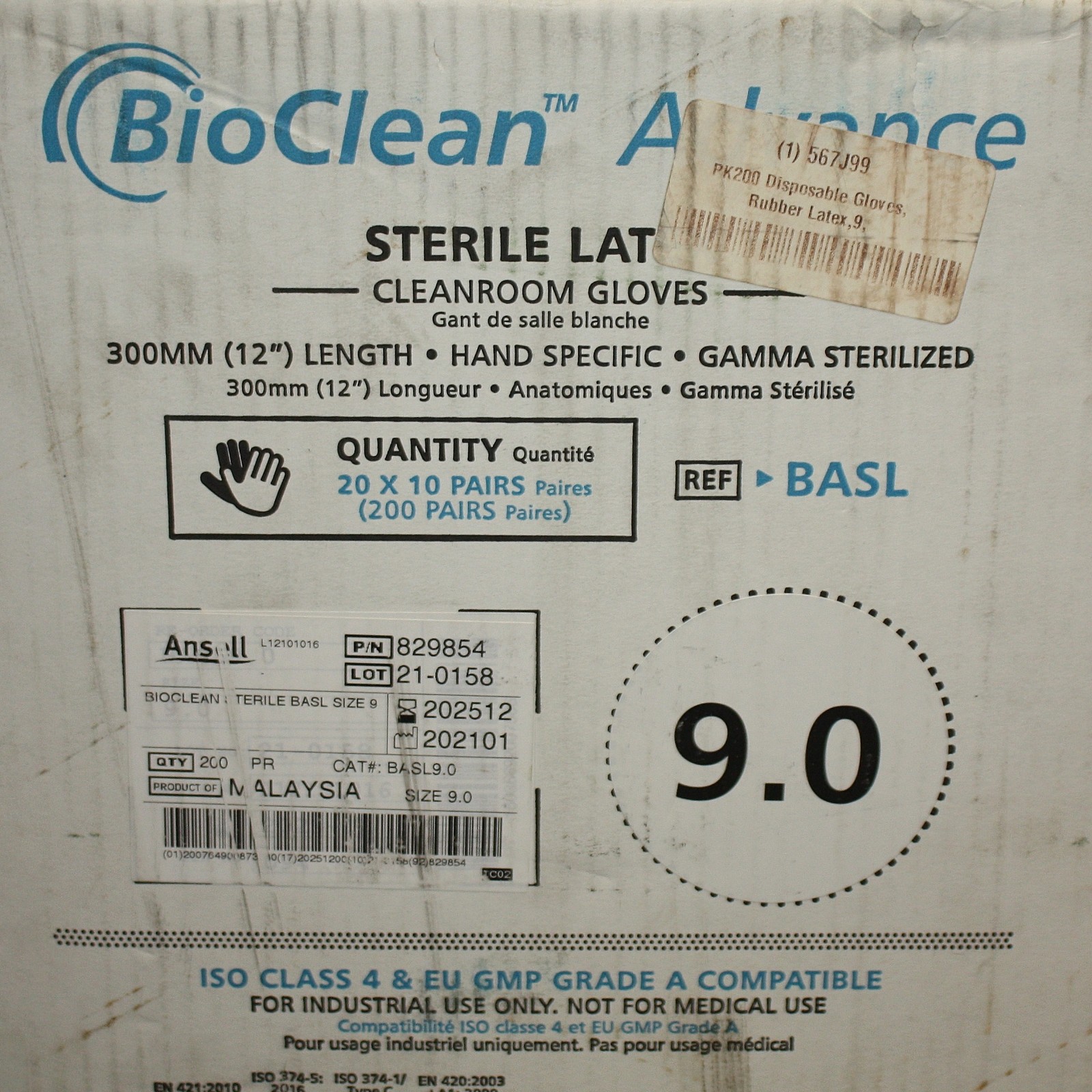 EXPIRED 12/2025 – (200) Bioclean 12″ Disposable Gloves BASL, Size L / 9, ISO 4