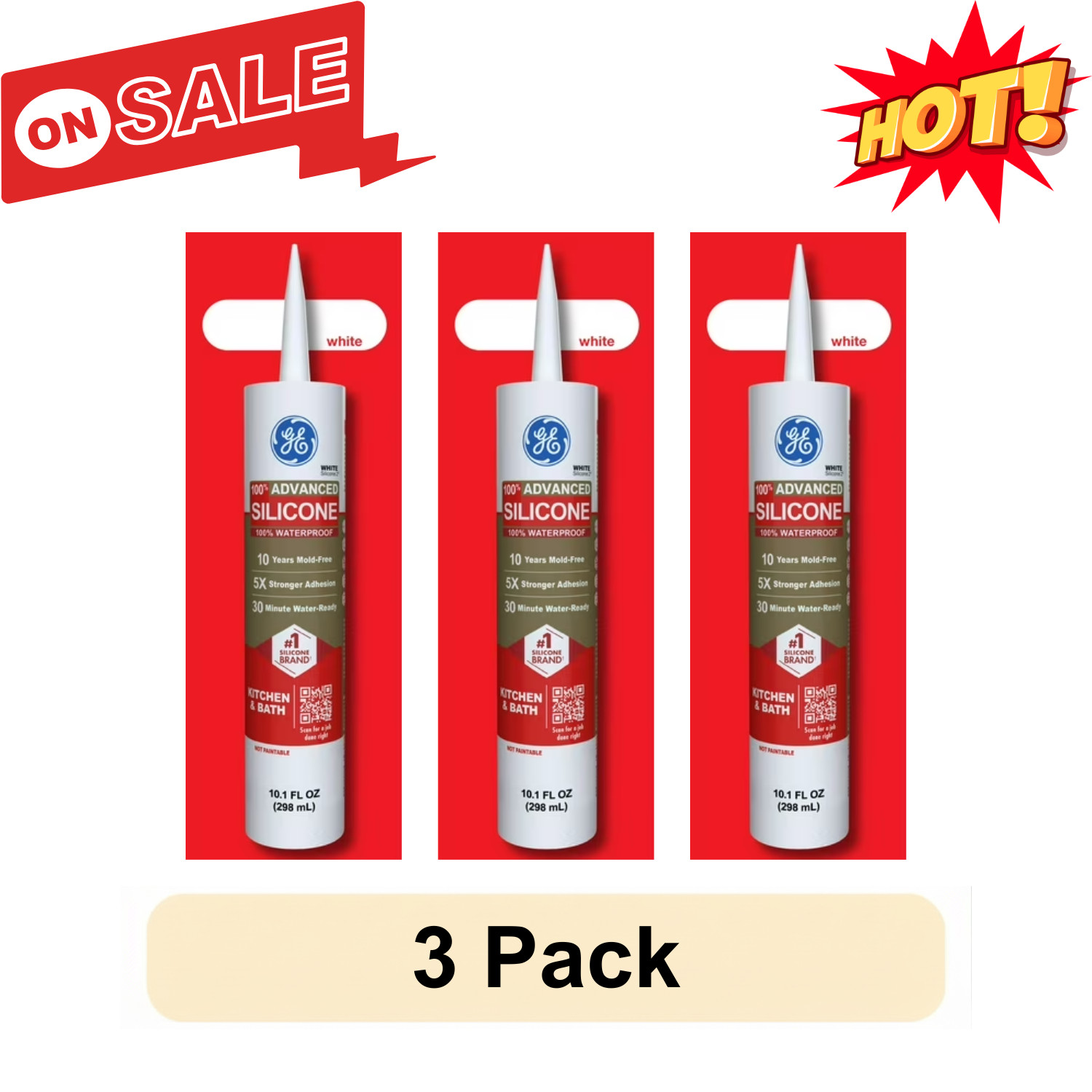 3 Pack GE Advanced Silicone Kitchen & Bath Sealant White 10.1 oz Cartridge