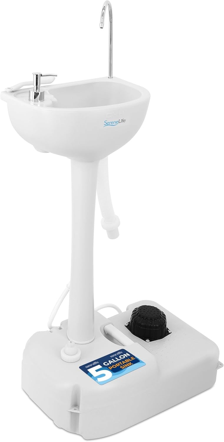 SereneLife Portable Camping Sink with 19L (5+ Gallon) Water Tank, 19L, White