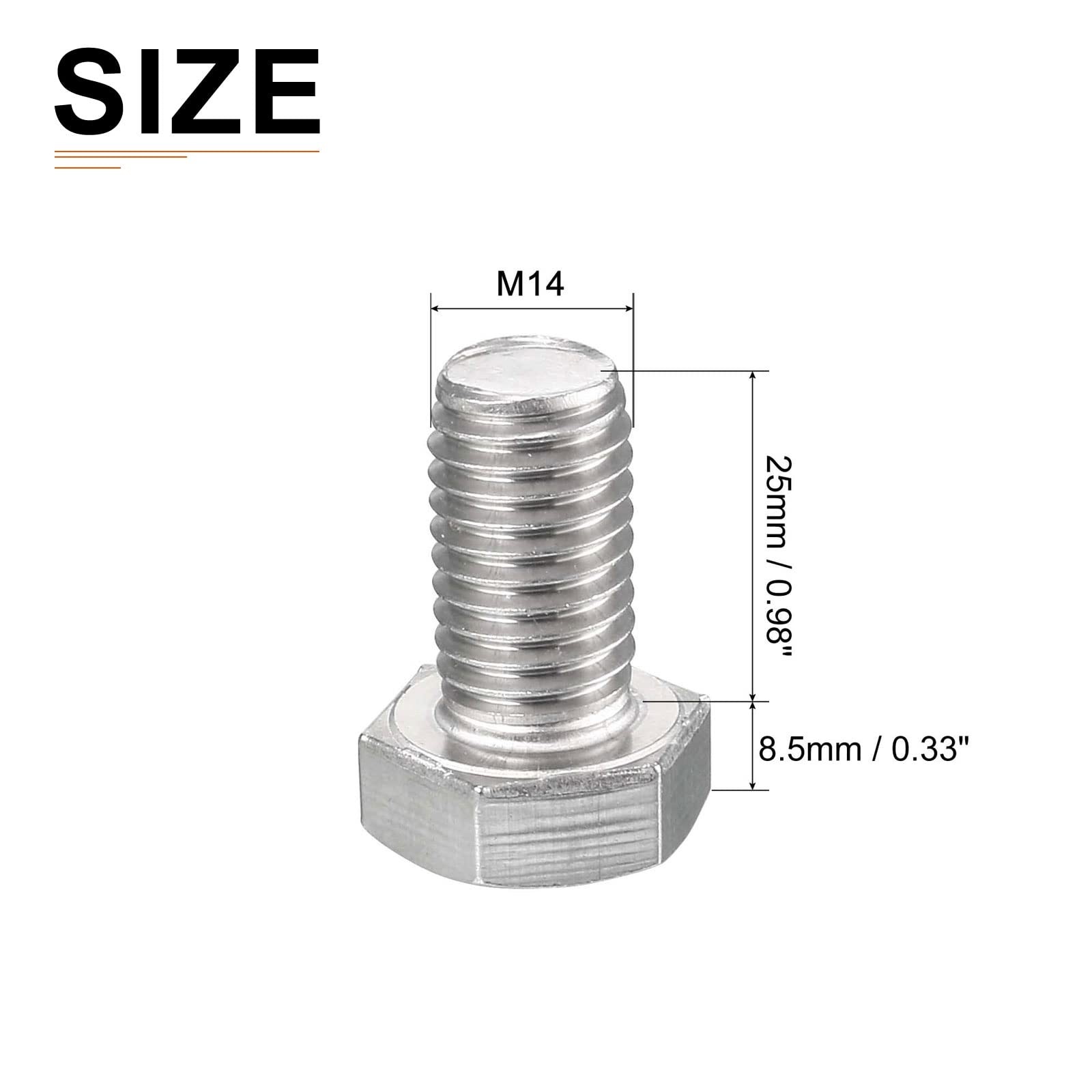 6 PCS M14x25mm DxH 304 Stainless Steel Hex Bolts Machine Tool Head Screws