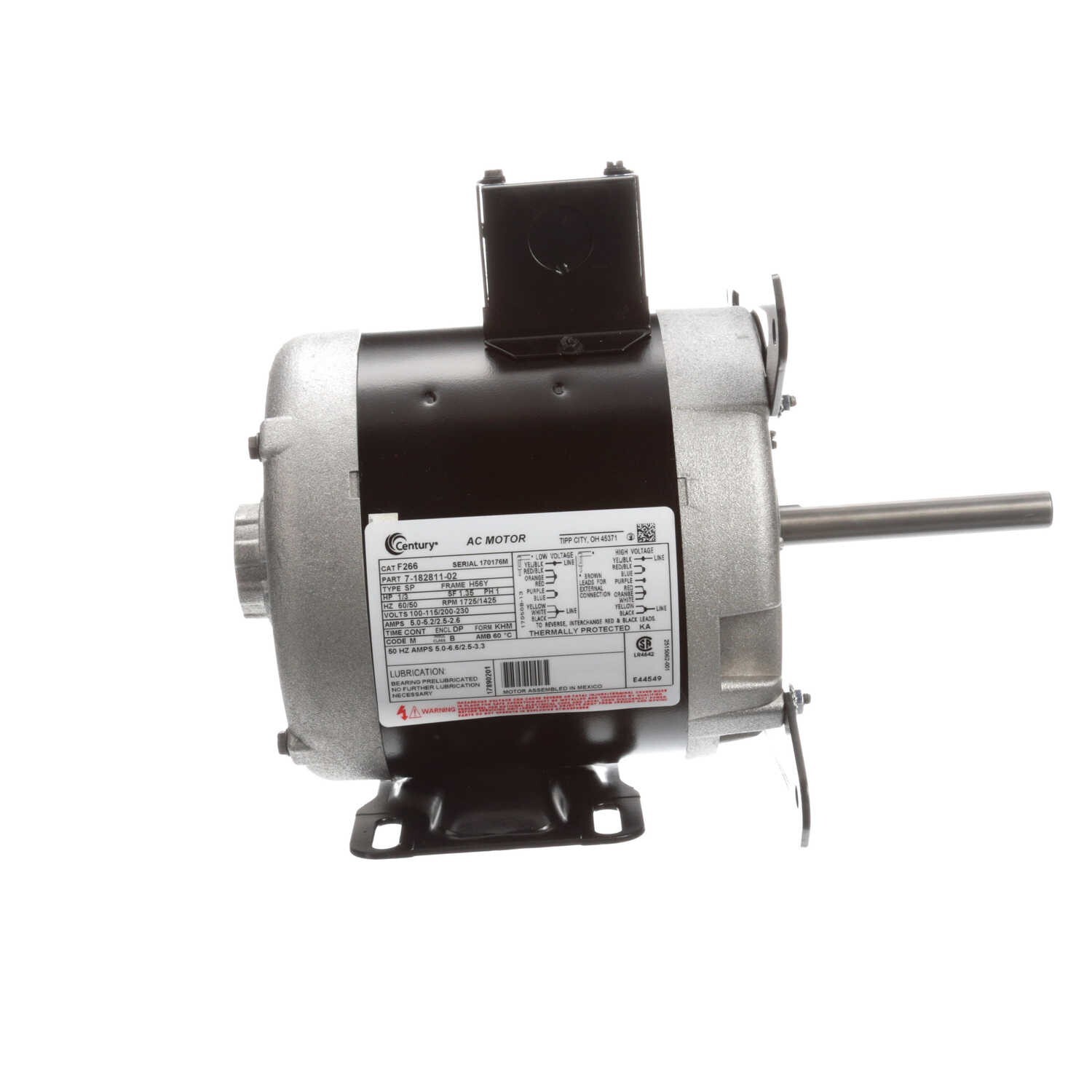 Century F266 Electric Motor 1/3 HP 1800 Rpm 1PH 100-115/200-230 Volt 56Y Frame