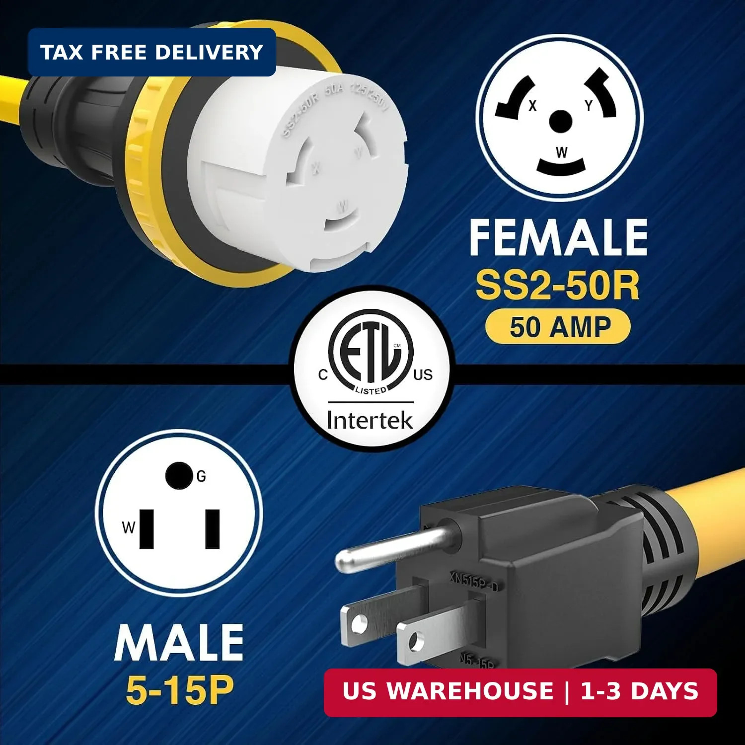 50 Amp to 110 Adapter RV Cord with Locking Connector Plug, Heavy Duty NEMA 5-15P