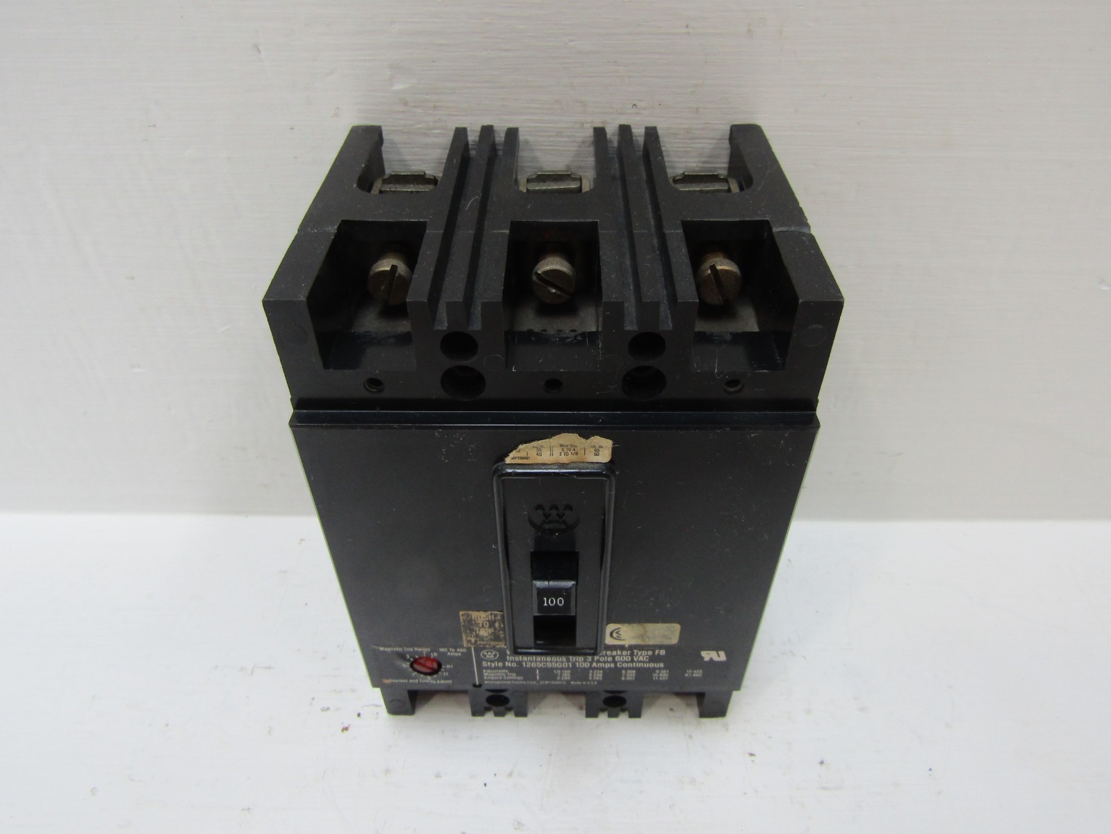 Westinghouse 1265C95G01 100 Amp 600V 3-Pole Type FB Circuit Breaker 100A 3P