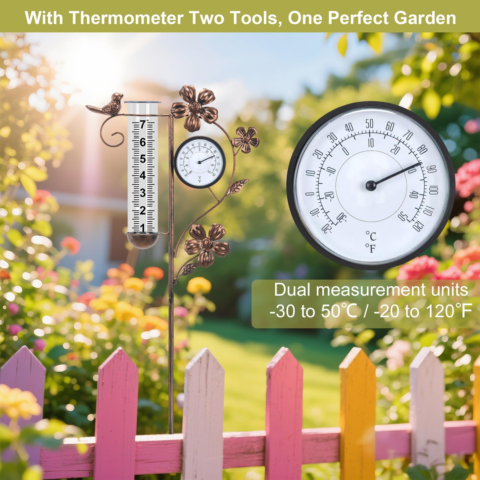 Rain Gauge Outdoor with Thermometer Garden Decor, Bird Decorative Outdoor Rai…