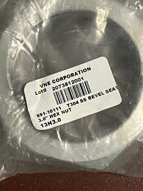 VNE Stainless 13H3.0 3″ Bevel Seat T304 SS Hex Nut New
