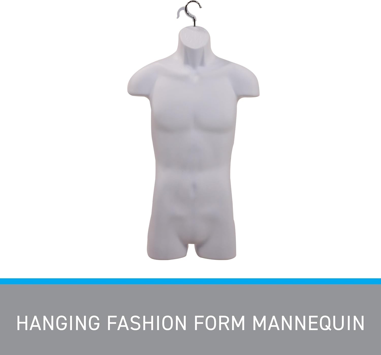 Male Molded Shatterproof White Shapely Torso Form W/ Hook Fits Men’s Sizes
