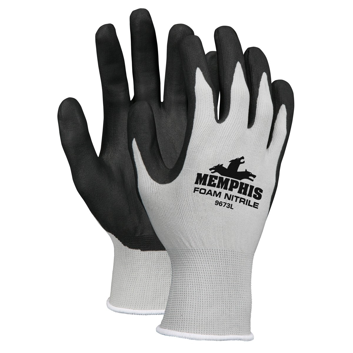 Memphis 9673 – Gray Nylon, Black Foam Nitrile Dipped Palm/Finger Size L(12 Pair)