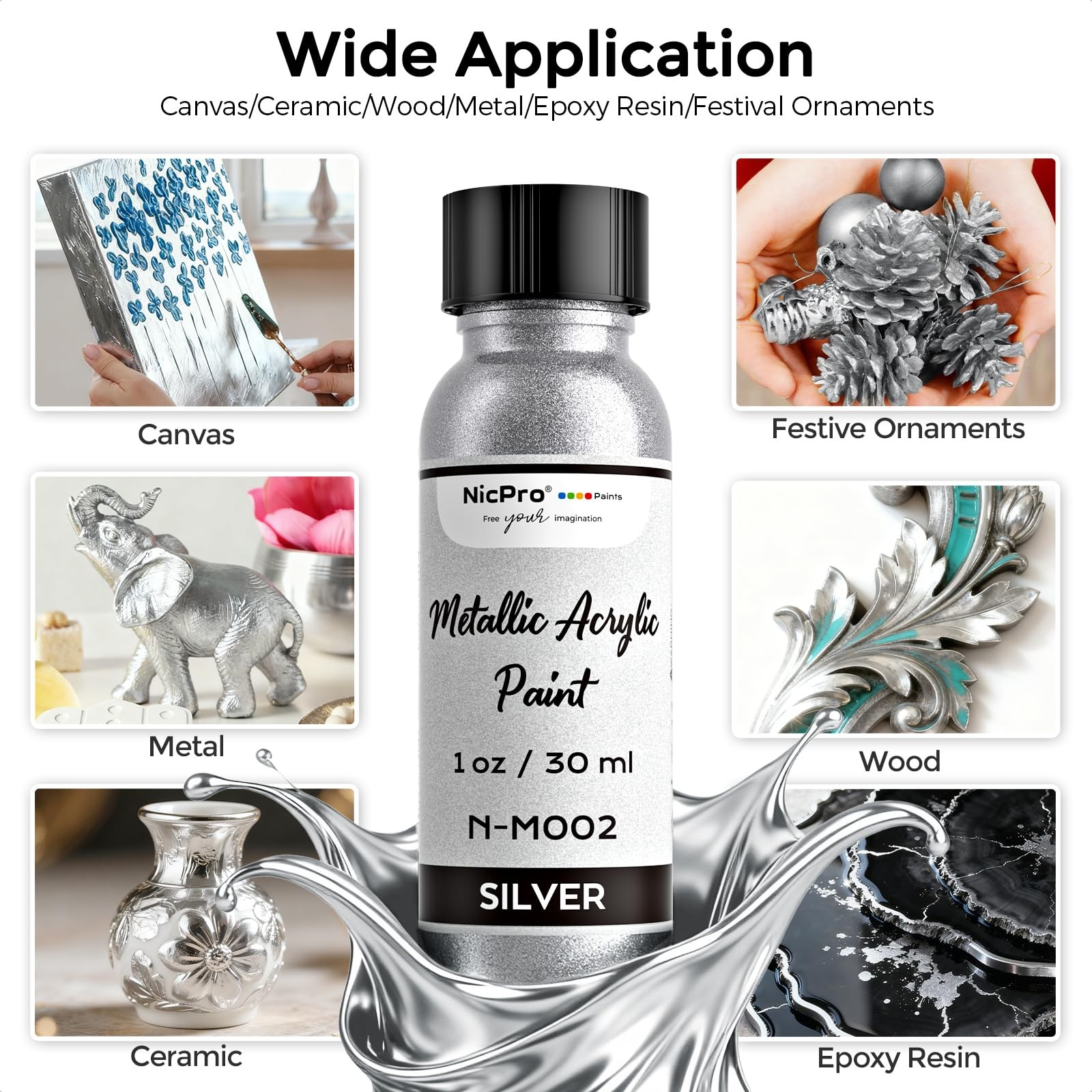 Nicpro Metallic Silver Acrylic Paint Kit – 1oz 1 Fl Oz (Pack of 2),
