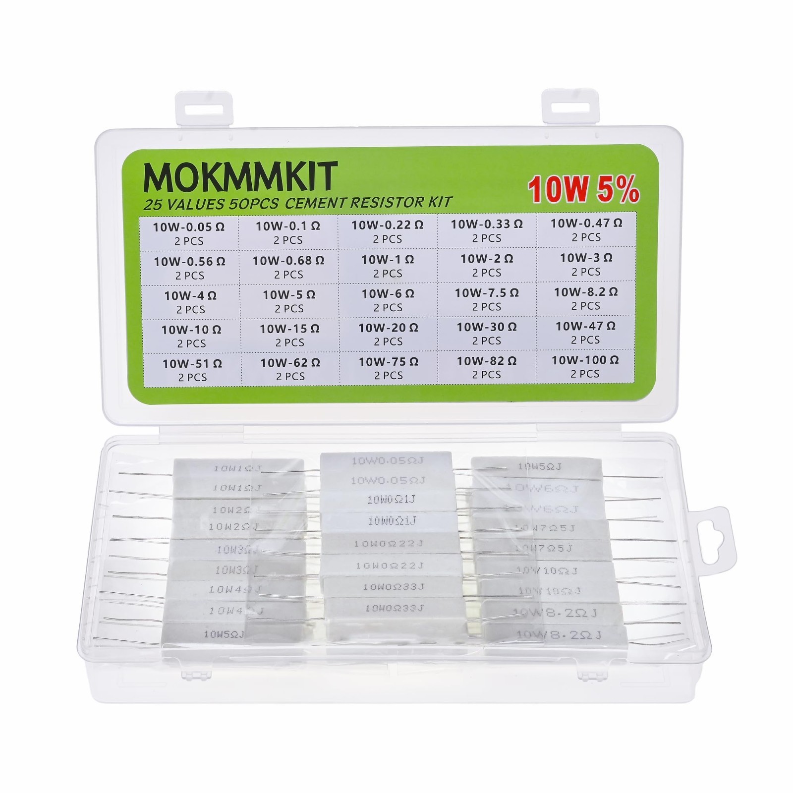 25 Values 50 Pieces Ceramic Cement Resistor Kit 10W ±5% Power Resistors 0.05-100
