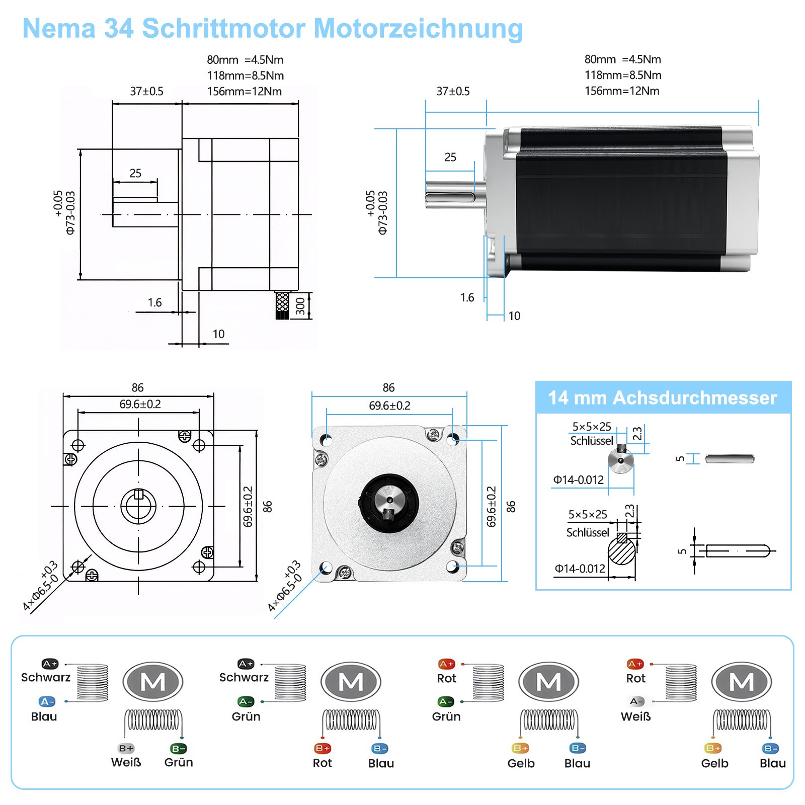 1/3/5Axis Nema34 Stepper MotorΦ14m 4.5/8.5/12Nm &Driver&60V Power Supply CNC Kit