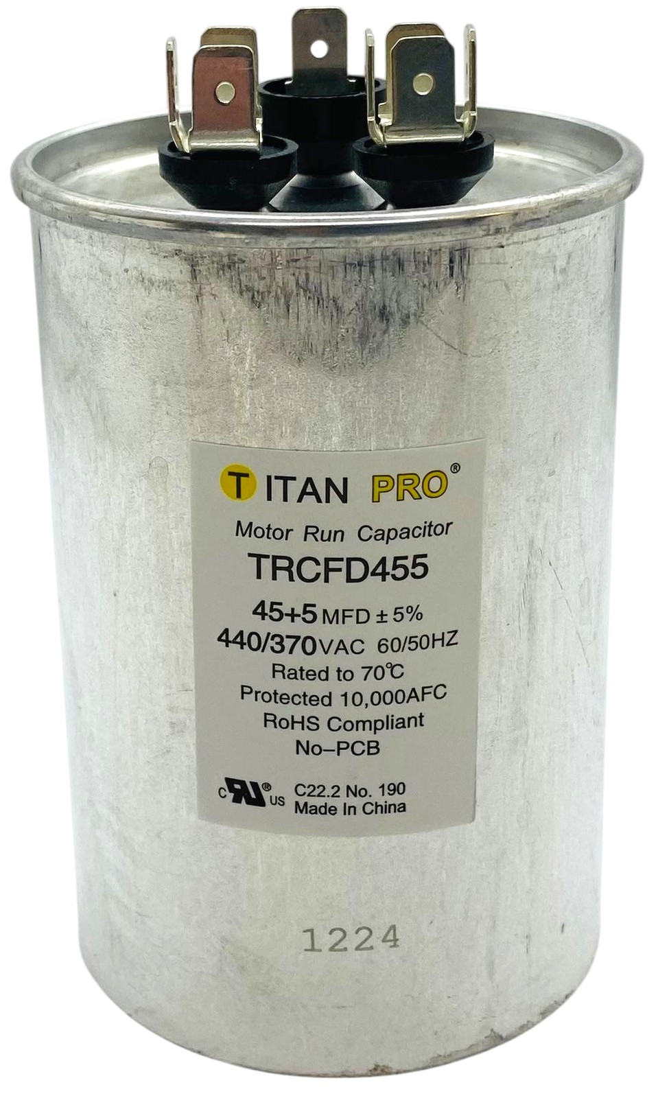 Packard Titan Pro Run Capacitor, Round, 45+5 Mfd, 440-370V, TRCFD455
