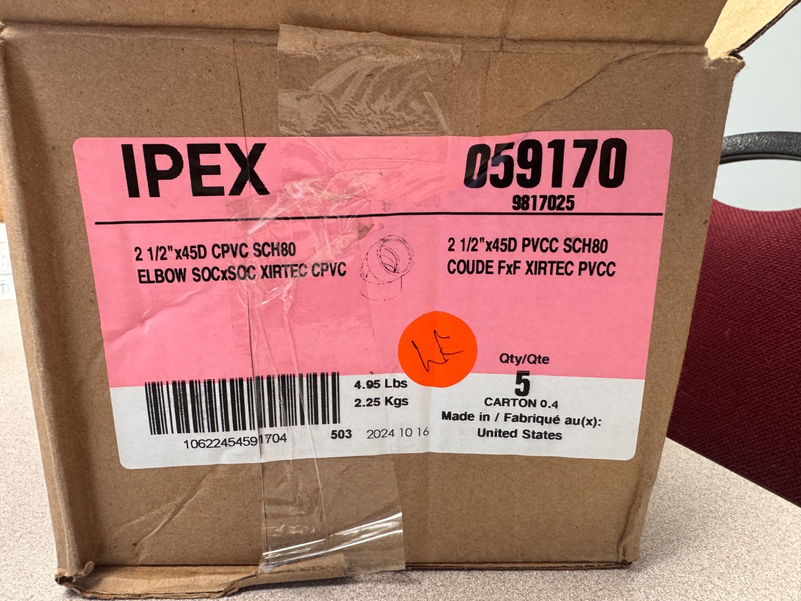 IPEX 2 1/2’x45D CPVC SCH80 Elbow SOCxSOC XIRTEC CPVC 059170 (Lot of 5)