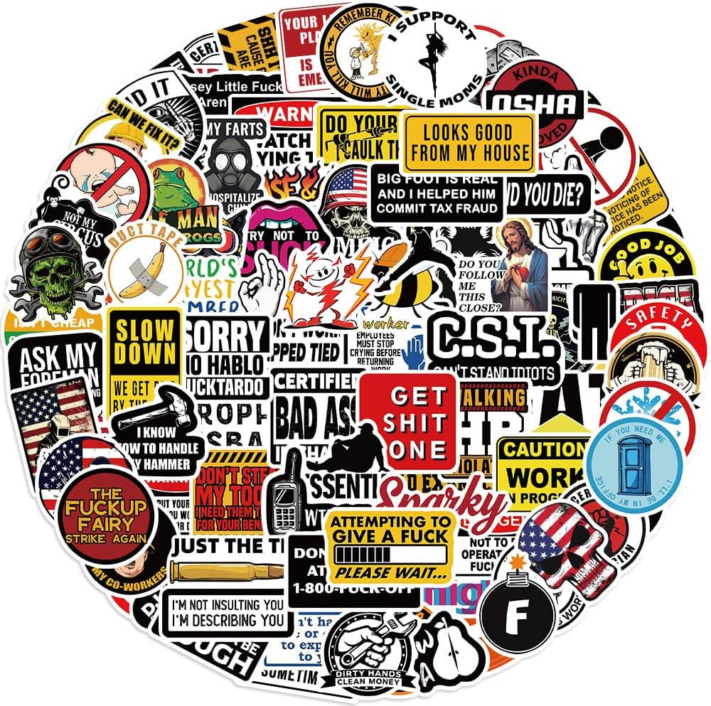 100pcs Funny Hard Hat Stickers (Dirty) for Adult Tool Box, Helmet, Black