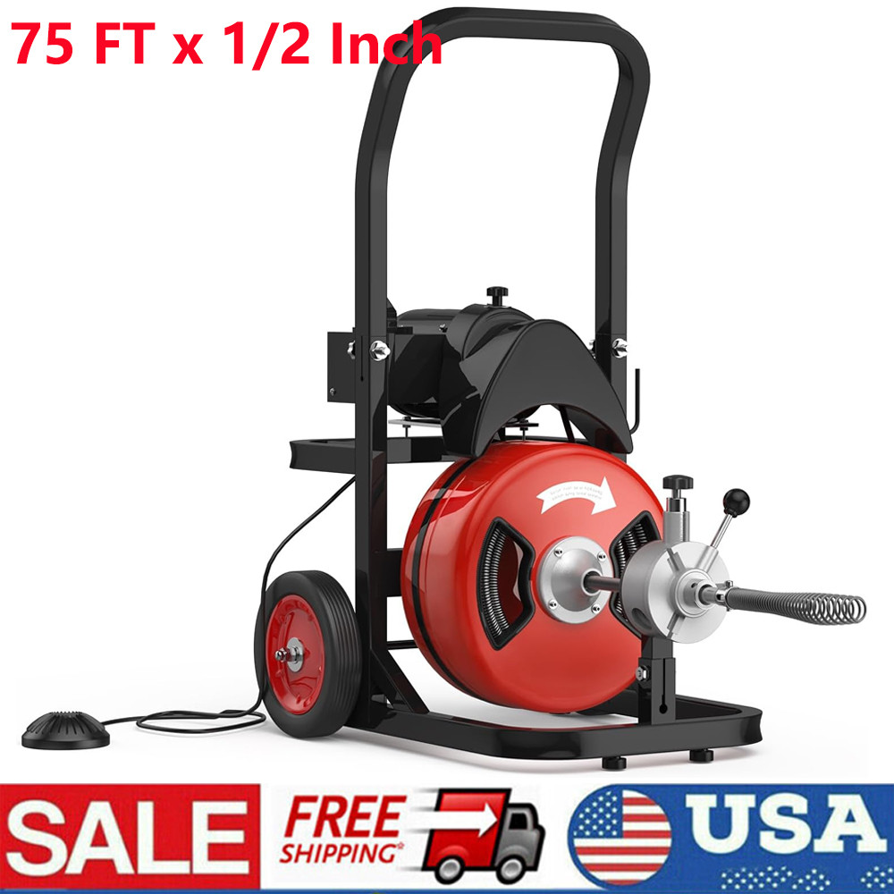 Drain Cleaner Machine Electric Drain Auger 75 FT x 1/2 In Auto Feed with Cutters