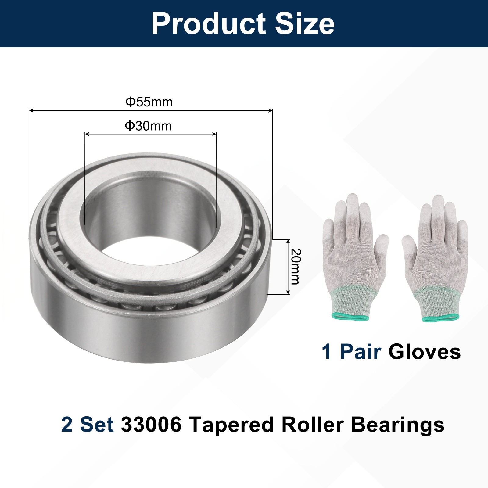 2Set 33006 Tapered Roller Bearing Cone and Cup with Gloves, 30mm Bore x 55mm OD