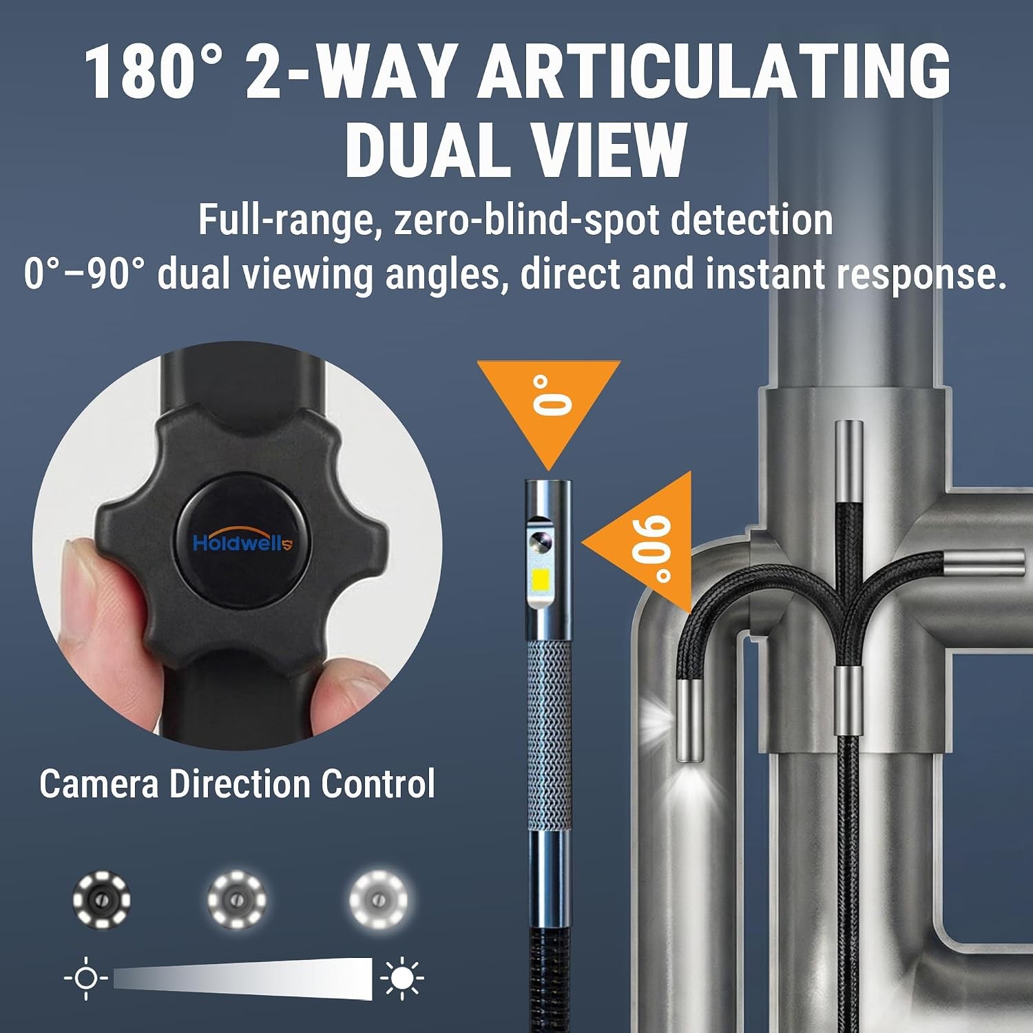 4.9FT Dual Lens Articulating Borescope Camera with 5″ IPS Screen, 720P HD