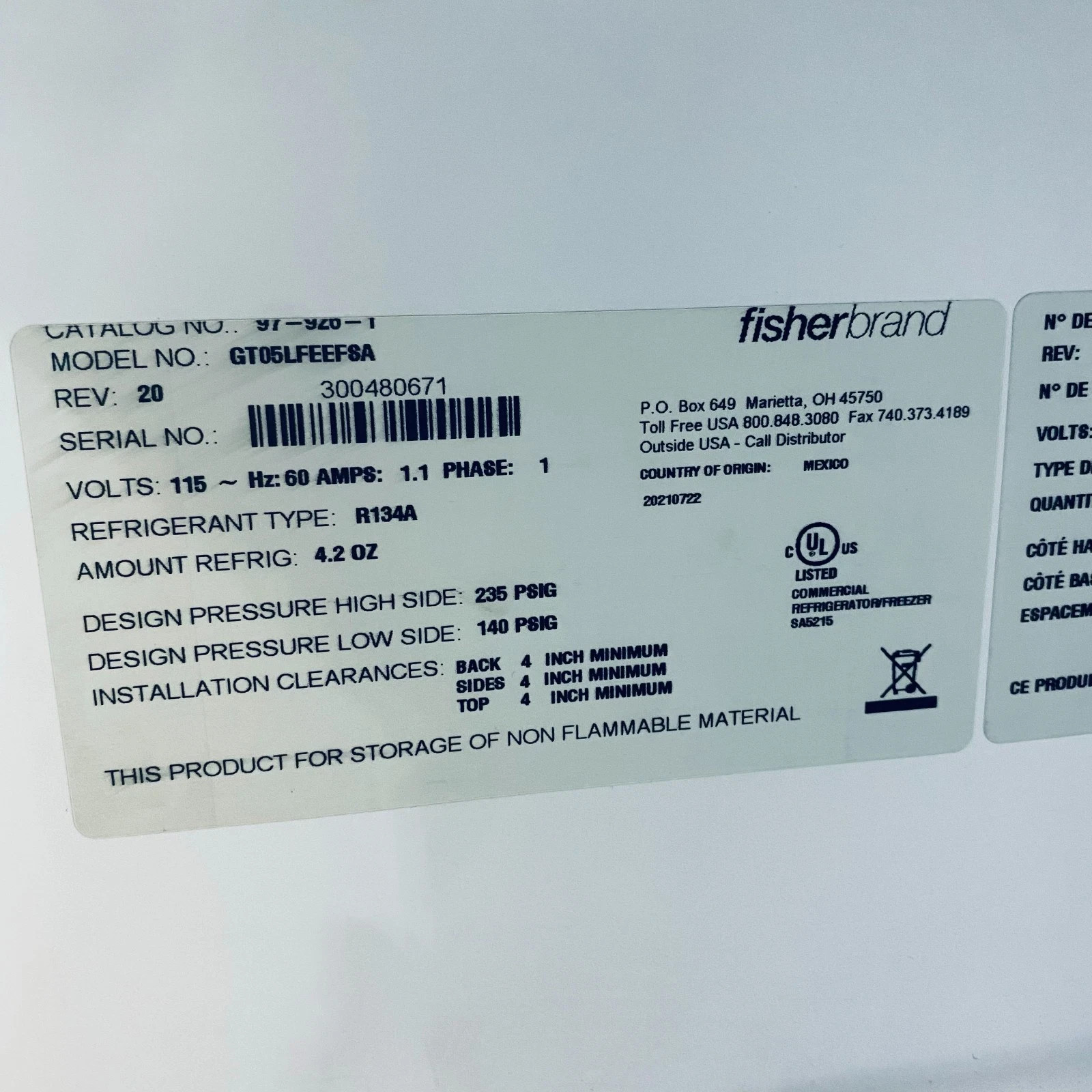 Fisherbrand Isotemp Undercounter Lab Freezer Model GT05LFEEFSA