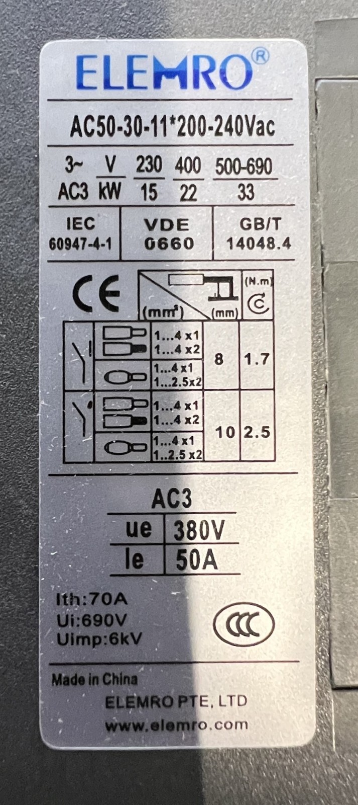 NEW AC50-30-11 *200-240V Contactor 50A 22KW/400V Elemro Schutz 3‑pole