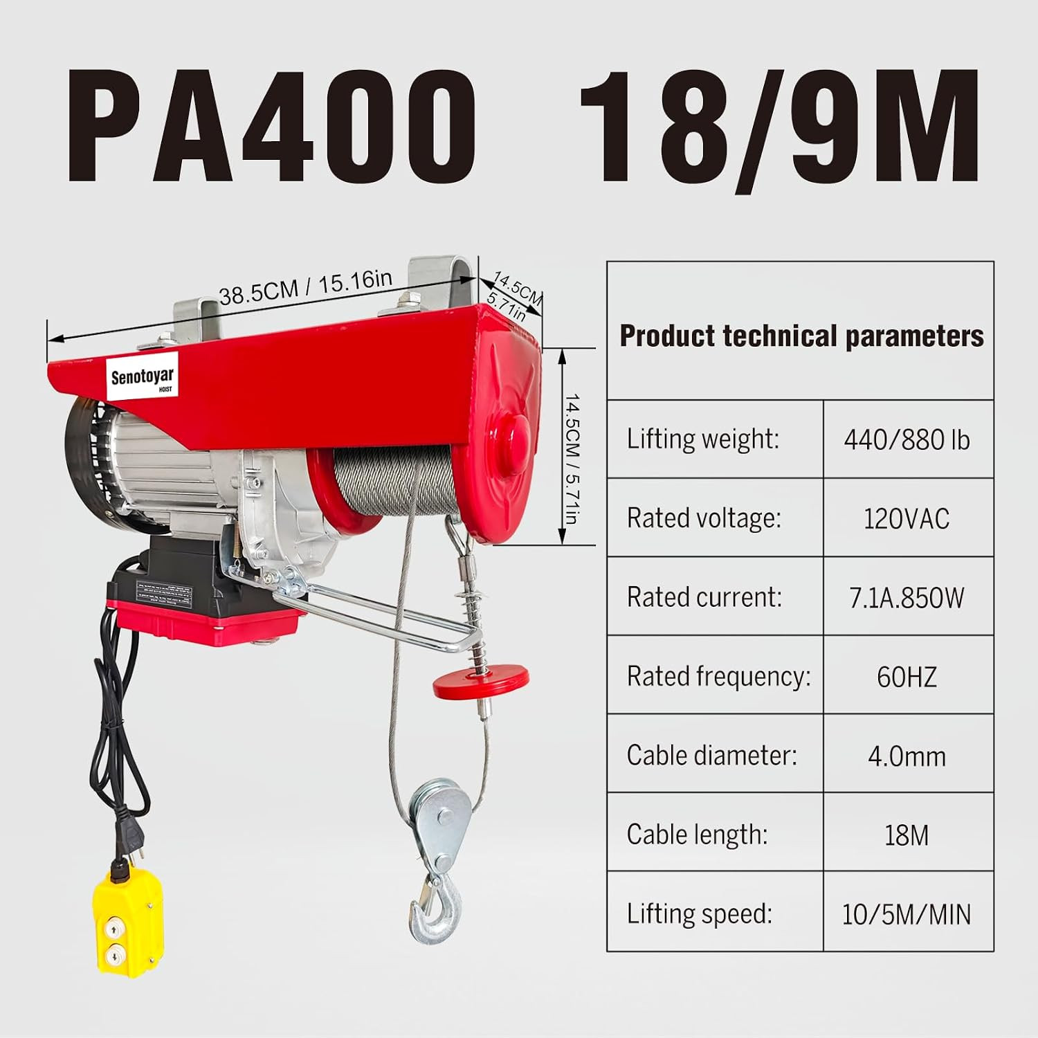 Electric Hoist 2 in 1,880Lbs Electric Hoist Winch with 98Ft Wireless Control&Wir