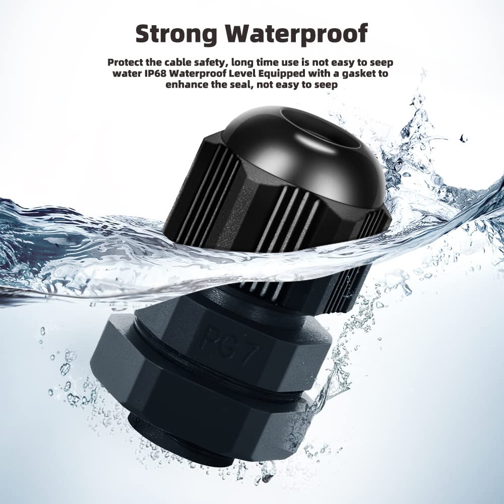 Cable Gland 20 Pack PG7 Waterproof Adjustable Connectors 3-7mm Nylon Joints
