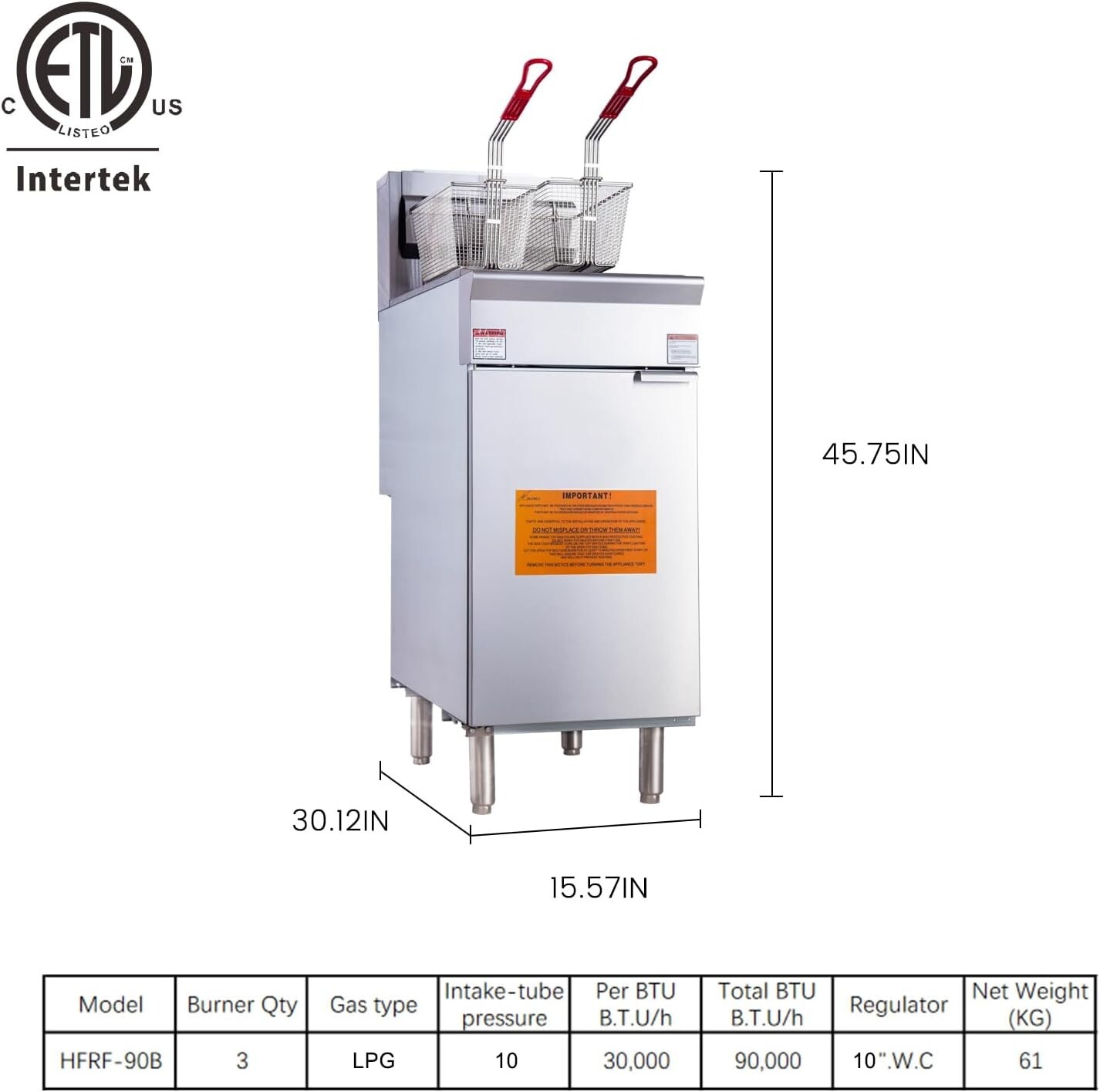 Hakka Commercial Deep Fryer Liquid Propane 3 Burners 40-50 lb 90000 BTU