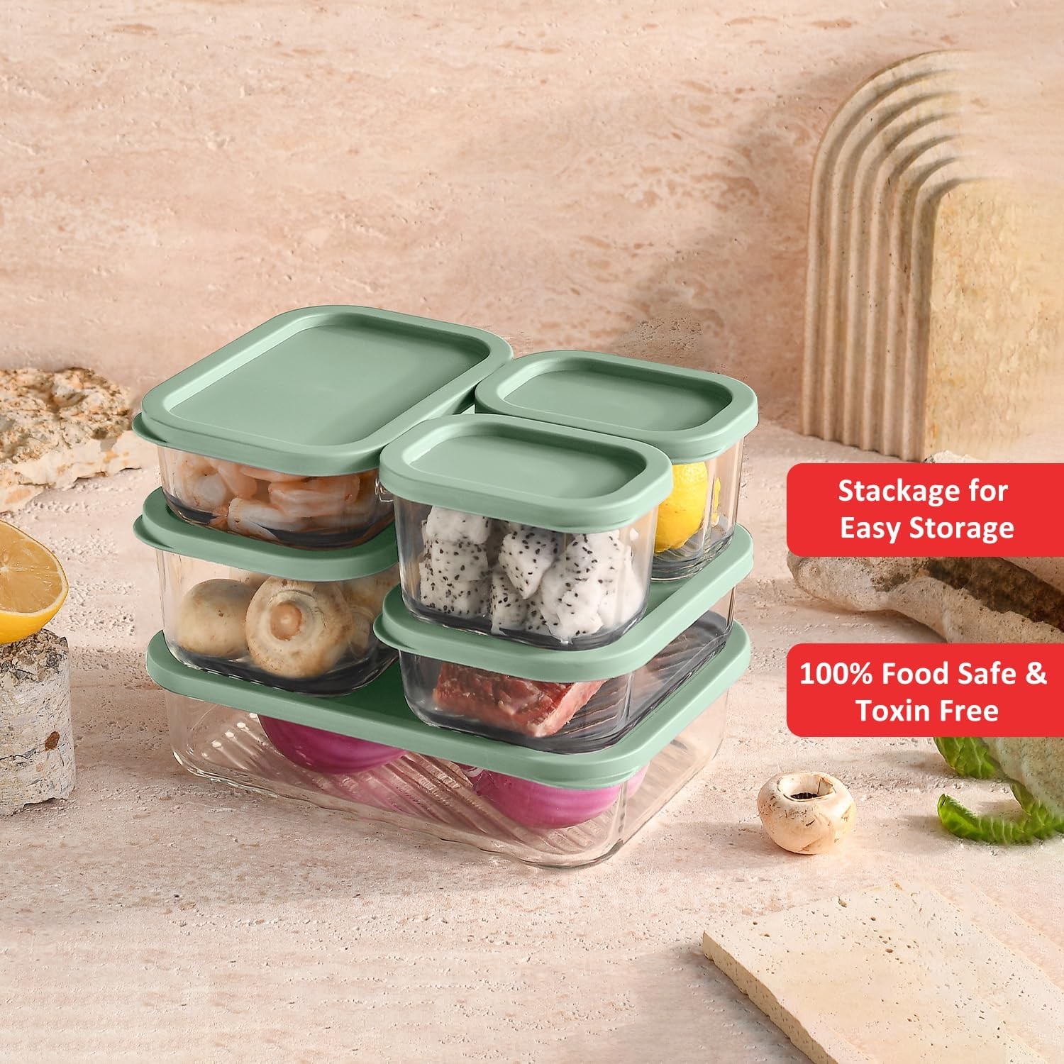 EATEX 6 Pack Glass Meal Prep Containers with Grooved Base, 6 Stackable BPA Fr…