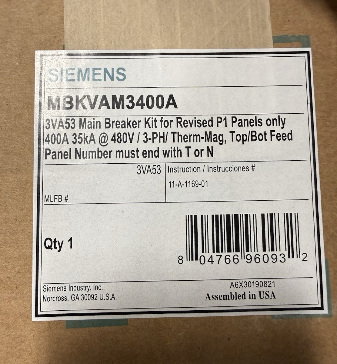 Siemens 3VA53 MBKVAM3400A Main Breaker Kit 400A 480V 3-Pole 3-Ph