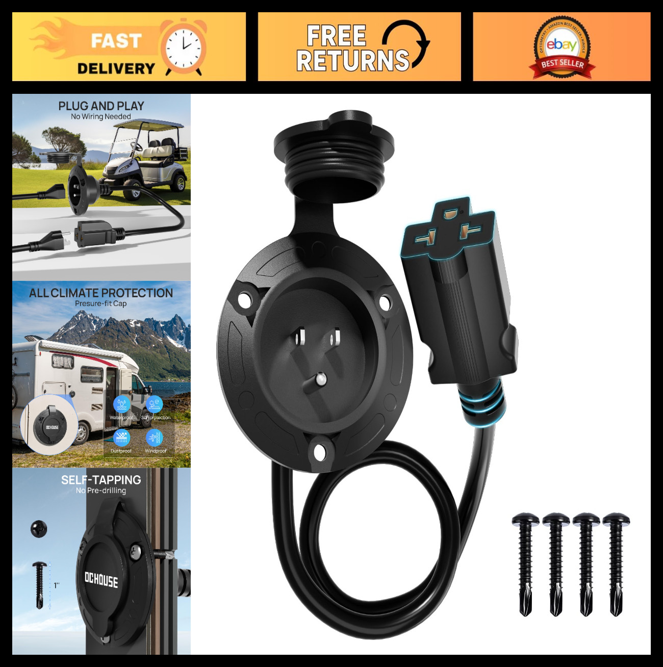 15A AC Port Plug 125V Shore Power Inlet for RVs, Golf Carts, Boats | 16″ Waterpr