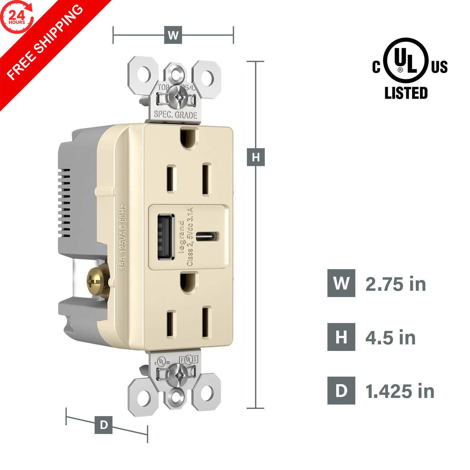 Legrand Pass & Seymour Radiant 15 Amp Wall Standard Decorator, Light Almond