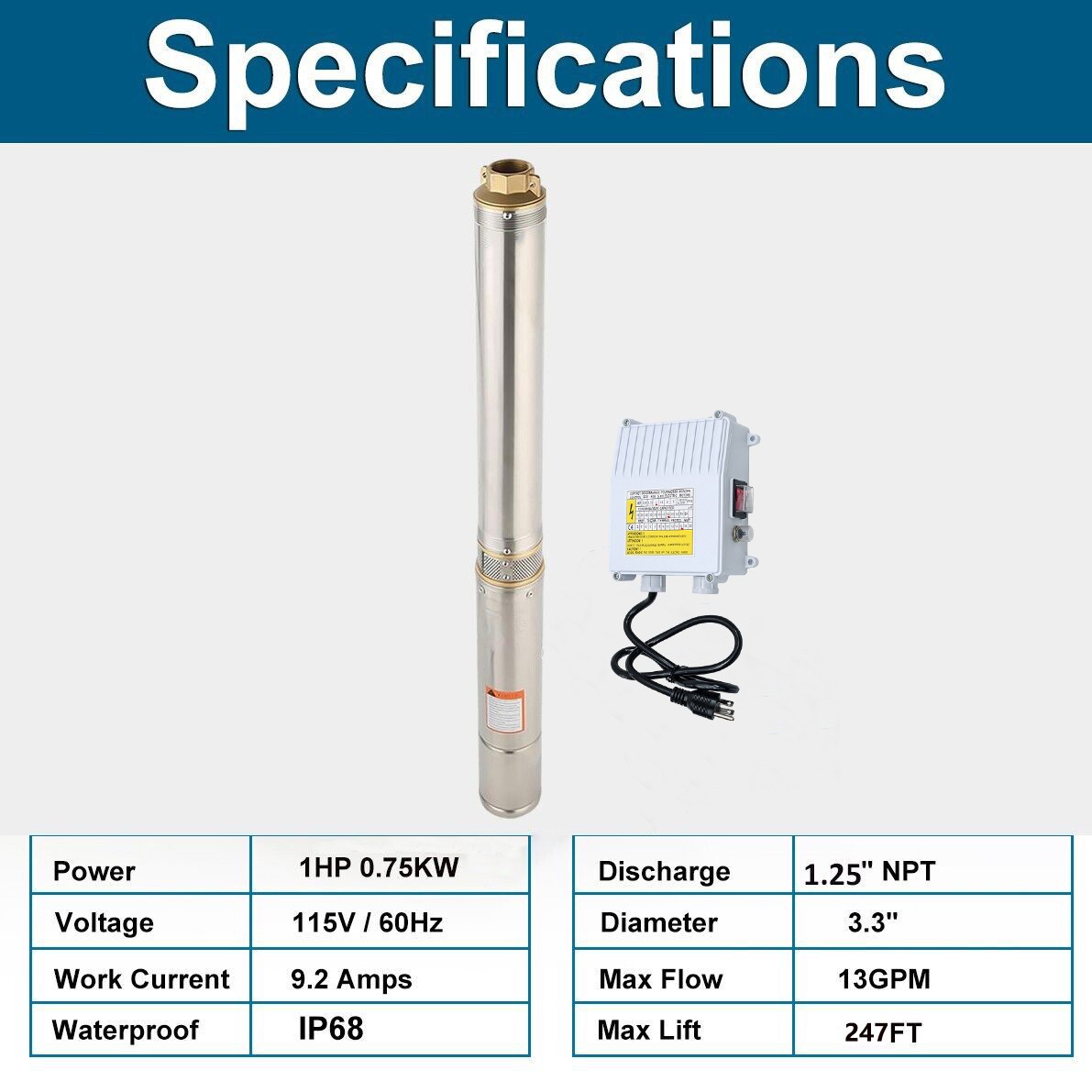 3inch 3/4 HP Deep Well Submersible Pump 110V 13 GPM 247 ft MAX 60Hz 33FT Cord