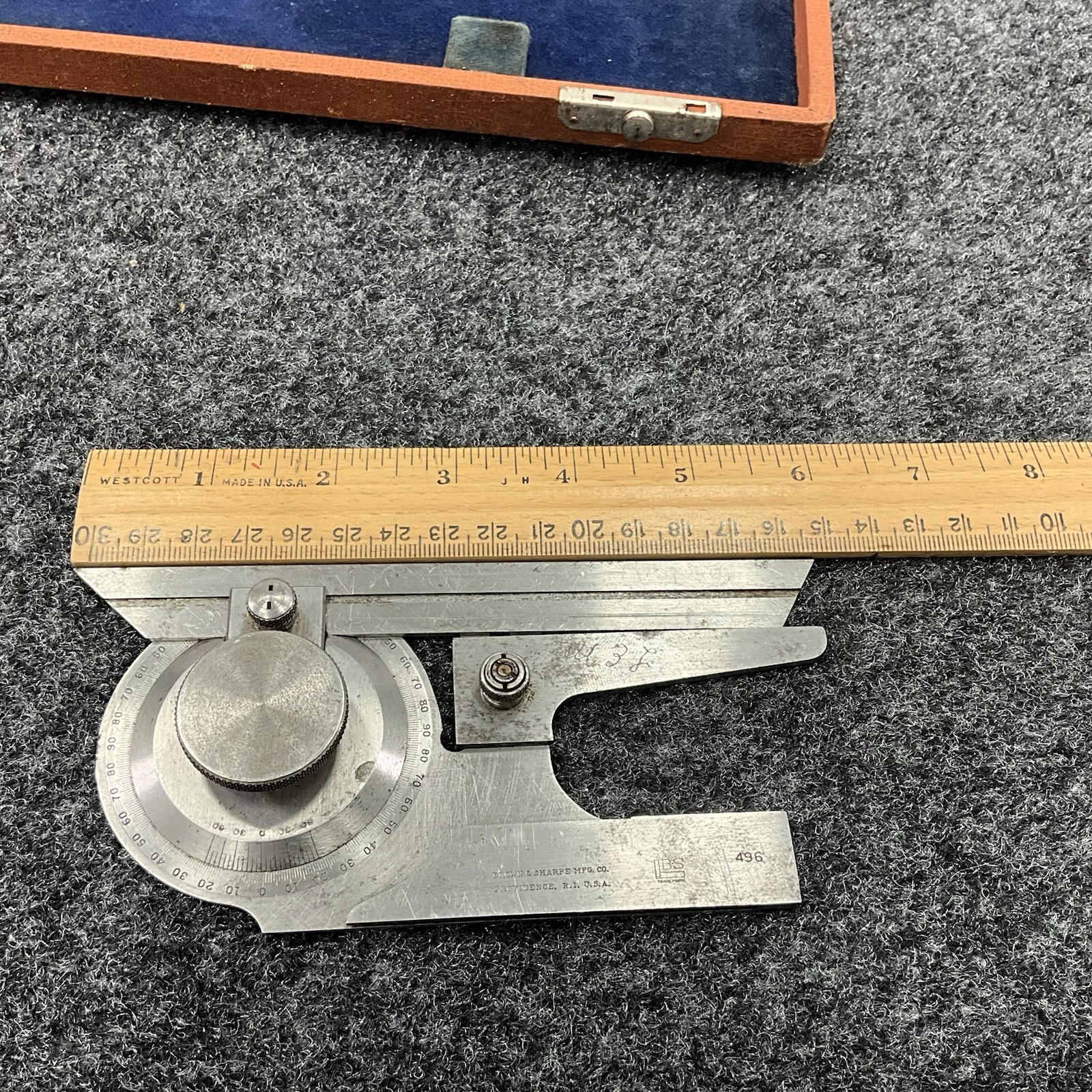Brown & Sharpe No 496 Bevel Protractor 6″ 12″ Blades Case Vintage USA