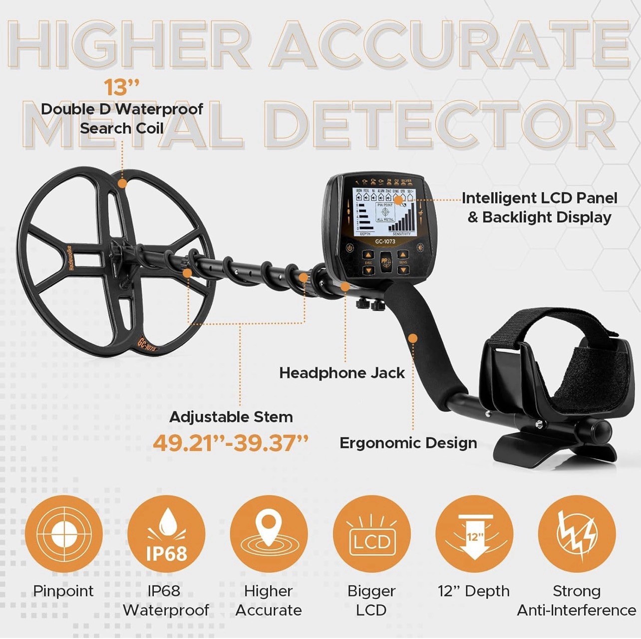 13″ Metal Detector for Adults Professional, Double-D Waterproof Search Coil Gold
