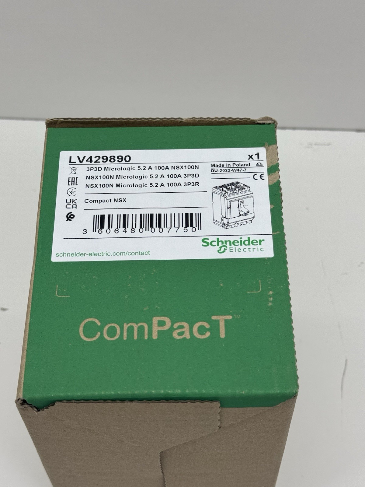 SCHNEIDER ELECTRIC LV429890 COMPACT NSX 3P3D MICROLOGIC 5.2A 100 NSX100N