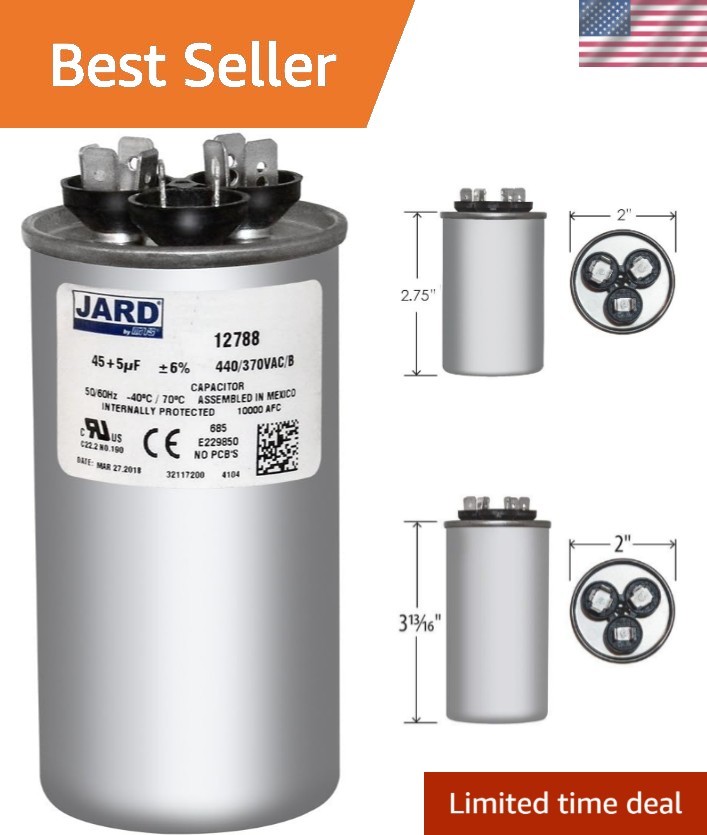 45 + 5 uF x 370 or 440 VAC – Jard 12788 Round Dual Run Capacitor, Sold Each