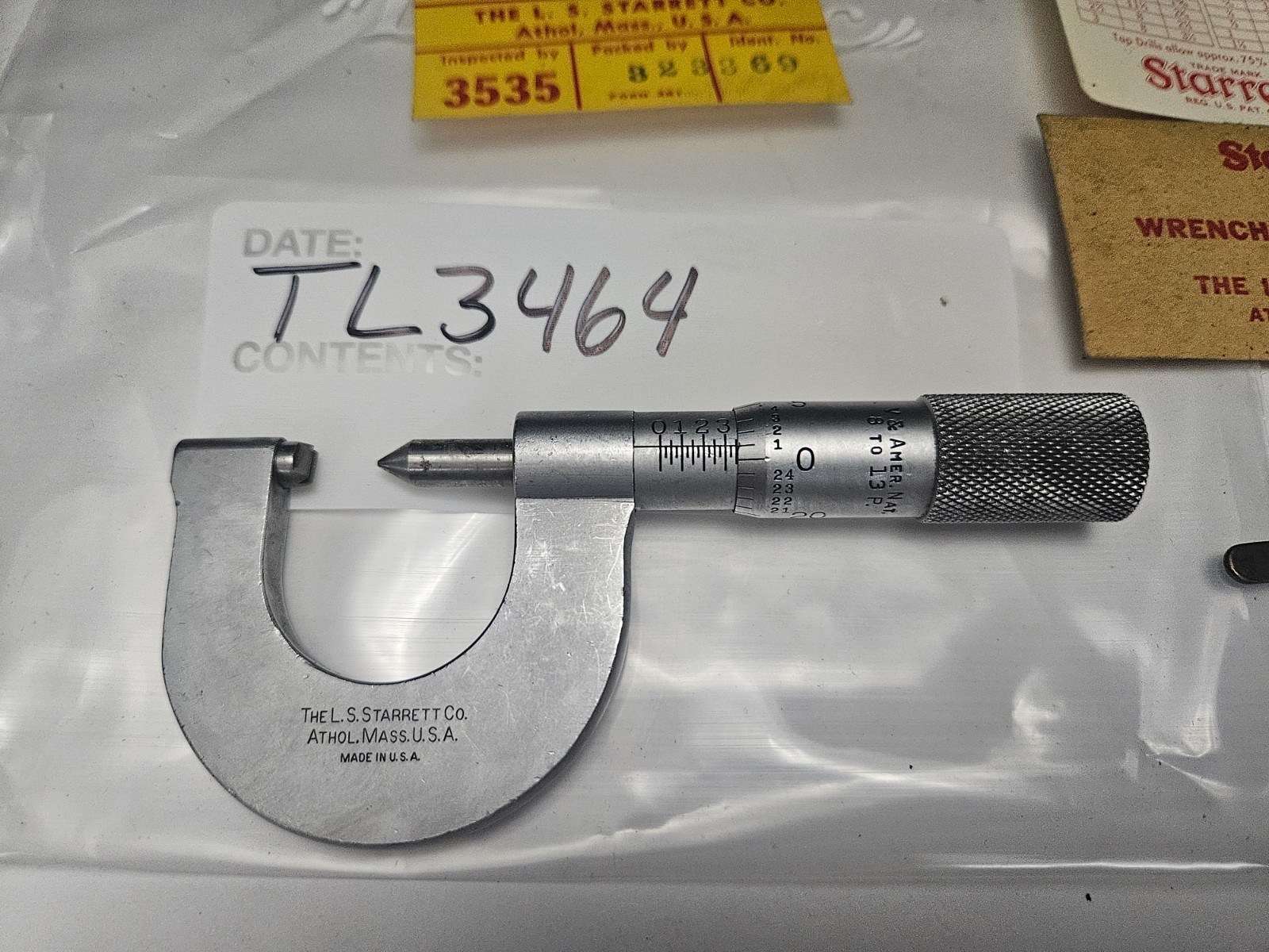 STARRETT #575 8 TO 13 TPI 0-1″ OUTSIDE THREAD MICROMETER W/BOX (TL3464)