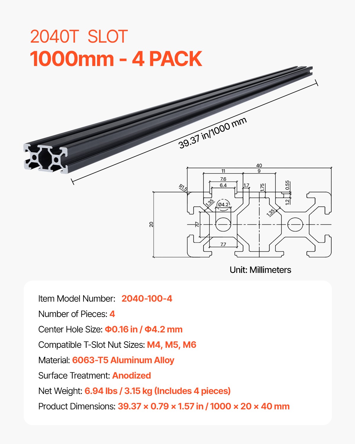 4PCS 39.4 in (1000 mm) T Slot 2040 Aluminum Extrusion Anodized Linear Rail