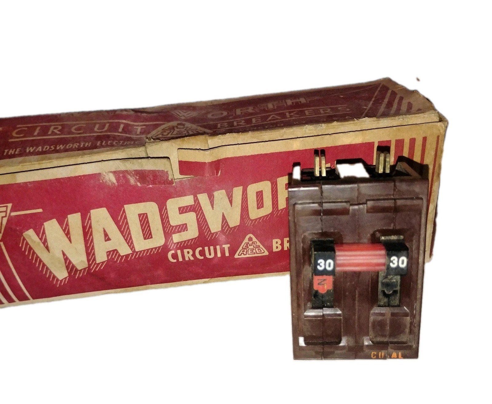 Vintage Wadsworth 30 Amp 2-Pole Circuit Breaker – Red Bar – Metal Feet – NOS