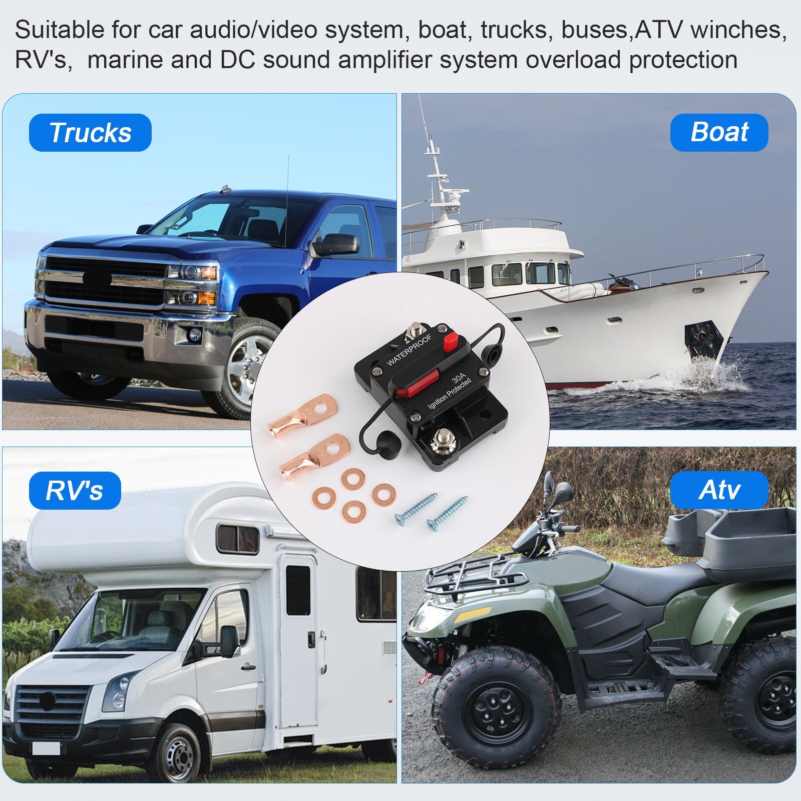Car Circuit Breaker Fuse Reset 50-300 Amp 12V-48V DC Car Boat Auto Waterproof