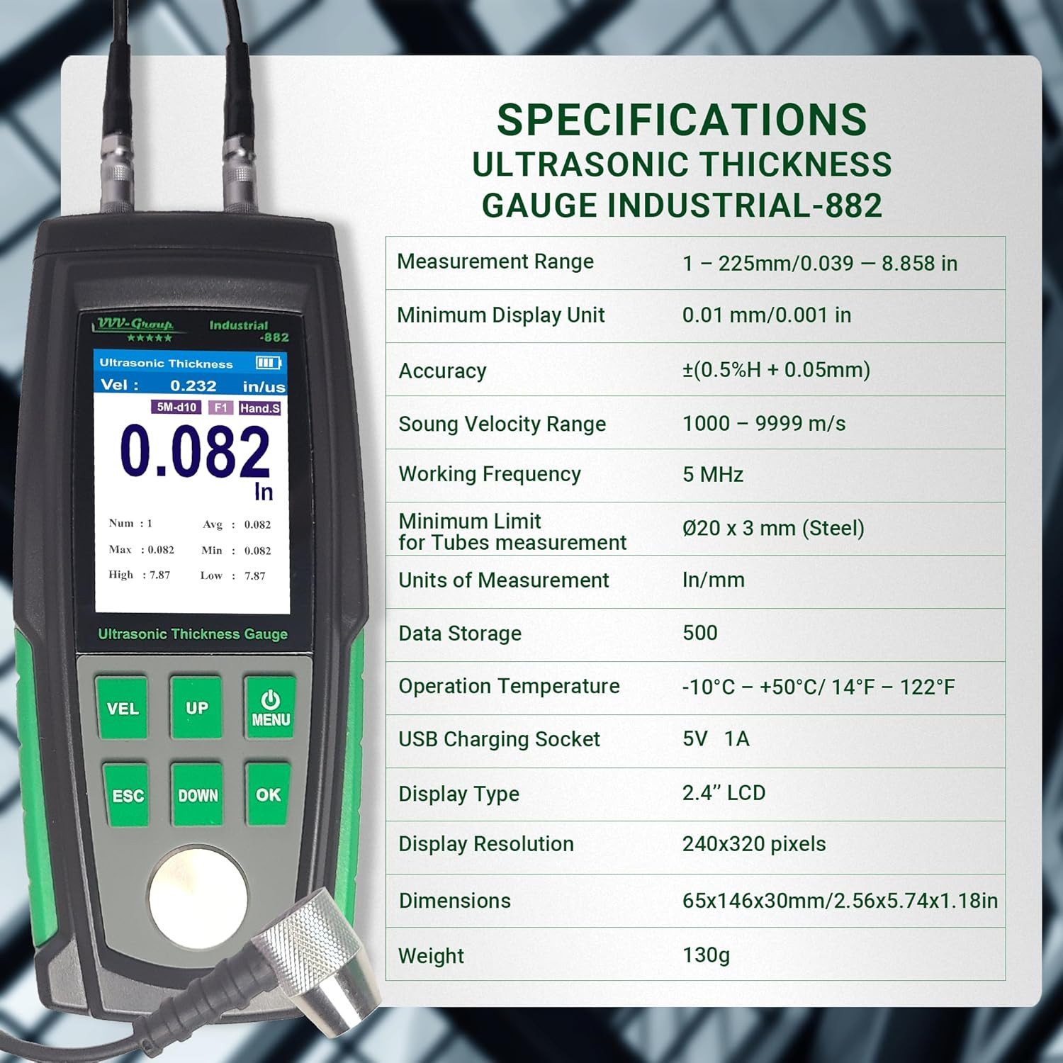 Ultrasonic Thickness Gauge Meter 0.039–8.85In For Metal Plastic Glass PVC