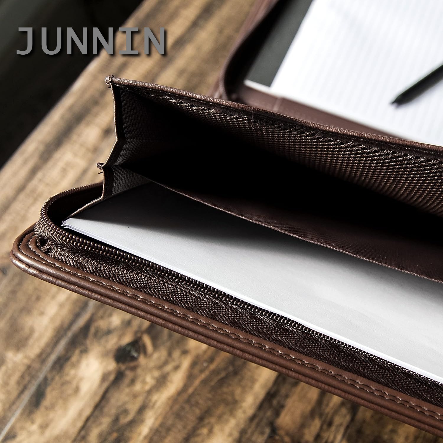 Brown PU Leather Business Portfolio Zipper Padfolio Tablet Sleeve Solar Calculat
