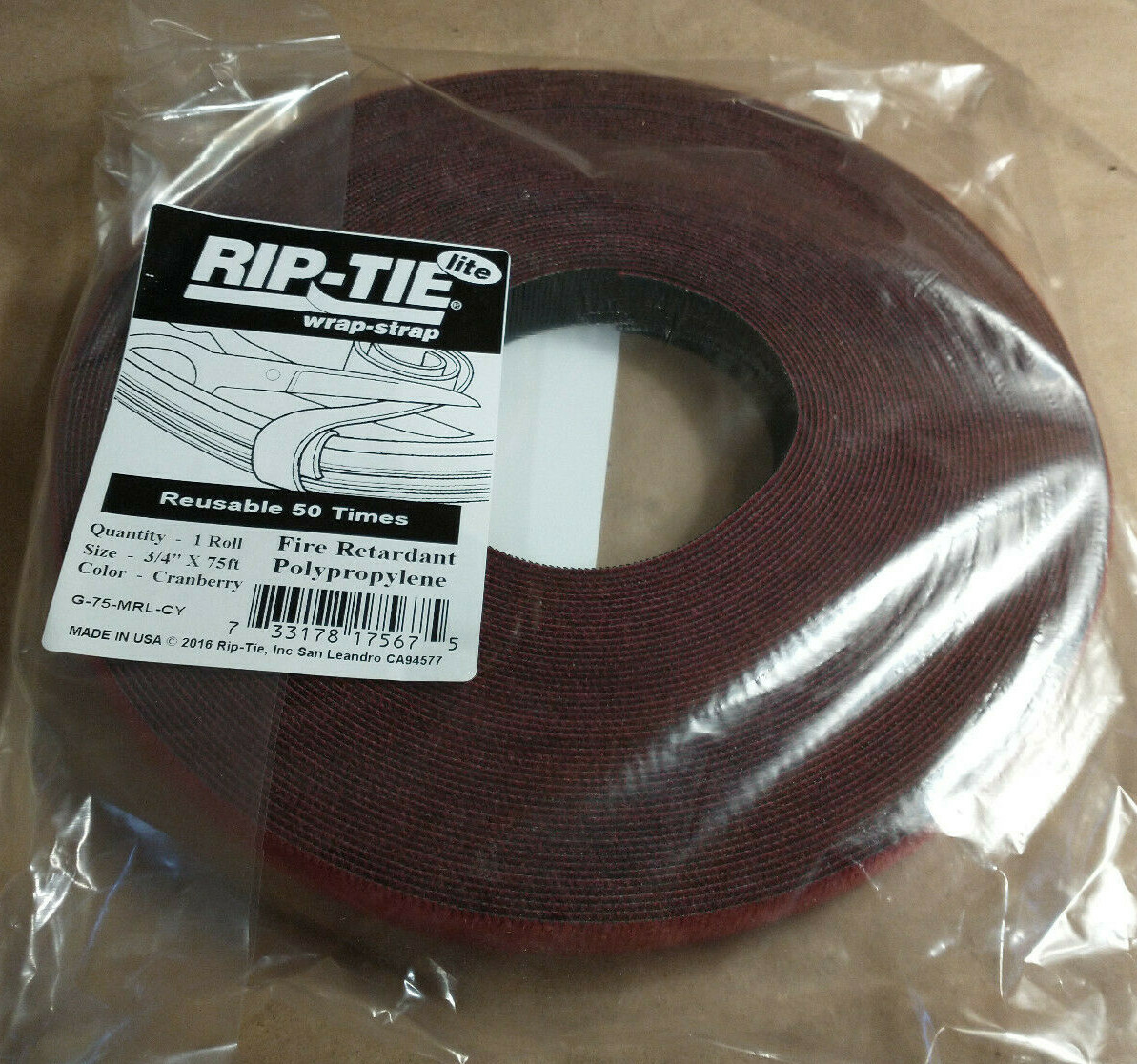 Rip-Tie Lite Wrap Strap Hook and Loop, 3/4″ x 75′ Long Cranberry Cable Organizer