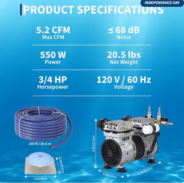 Garvee 3/4HP Pond Aerator 550W 5.2 CFM with Timer for 50ft Deep Fish Lake 550W