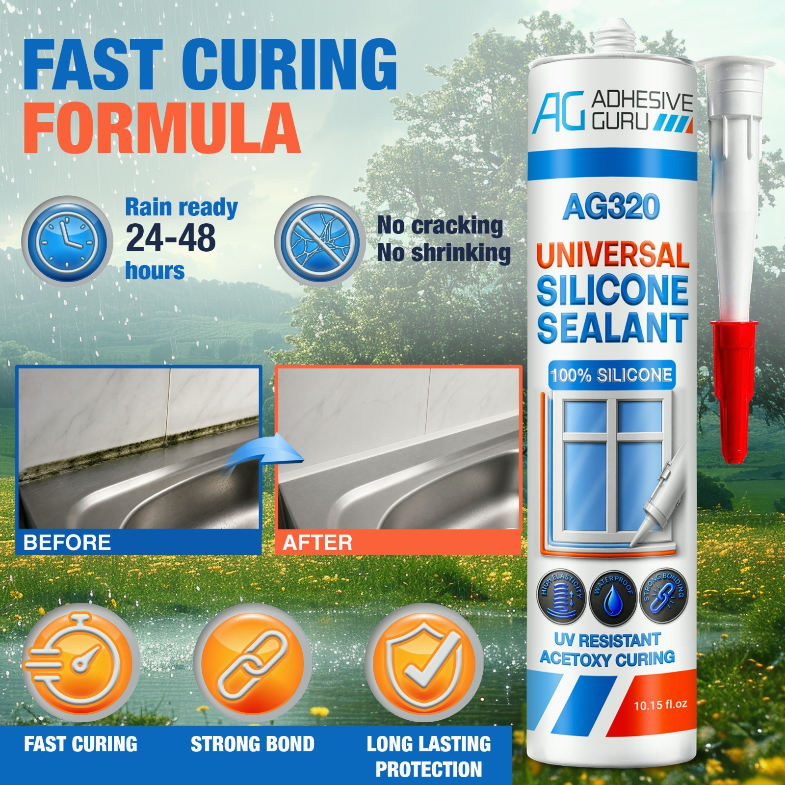 Adhesive Guru Universal Silicone Sealant Fast Cure, 10.15 fl.oz. 12 Pack