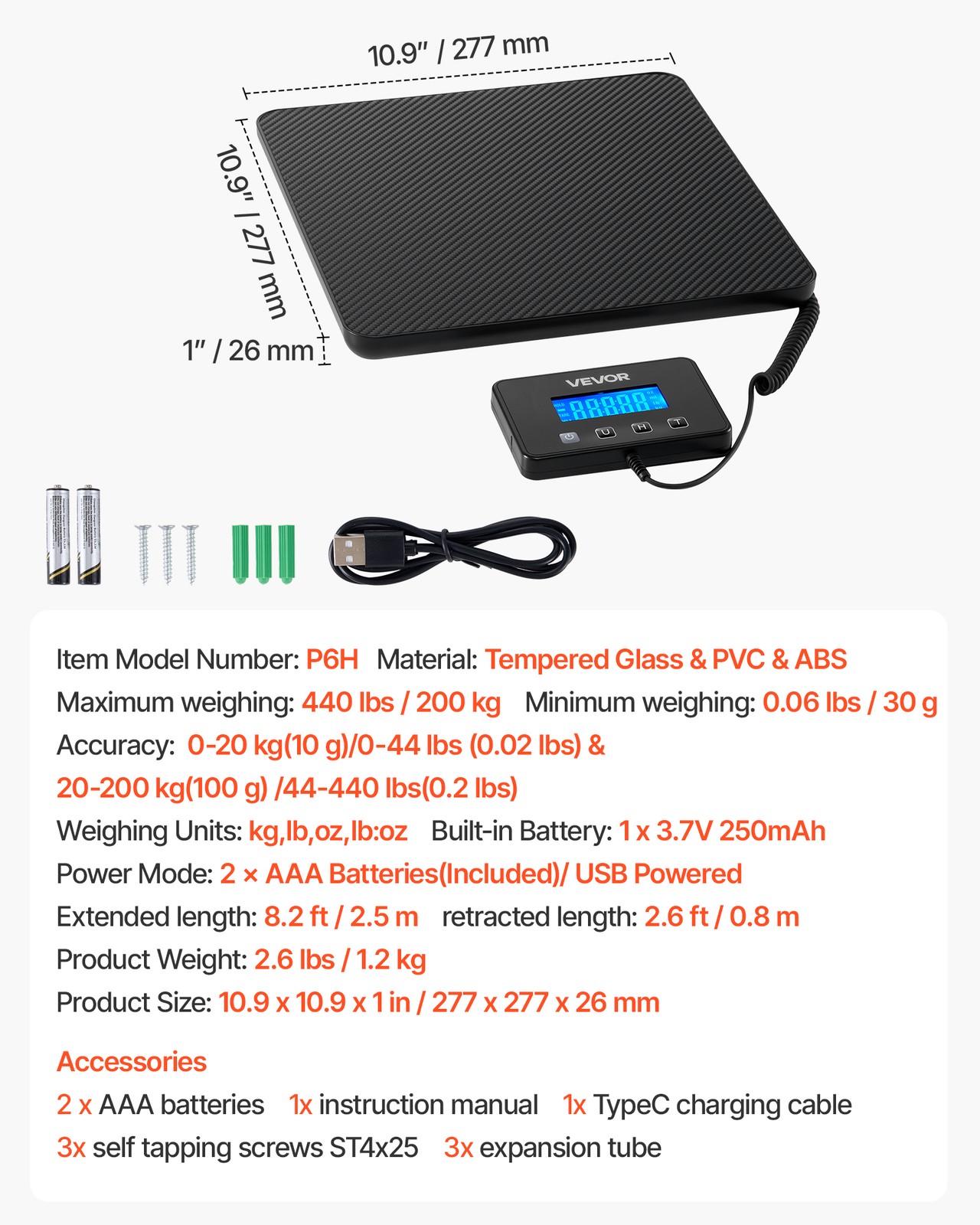 VEVOR 440 lbs Digital Postal Scale 0.35 oz/3.5 oz Dual Accuracy Shipping Scale