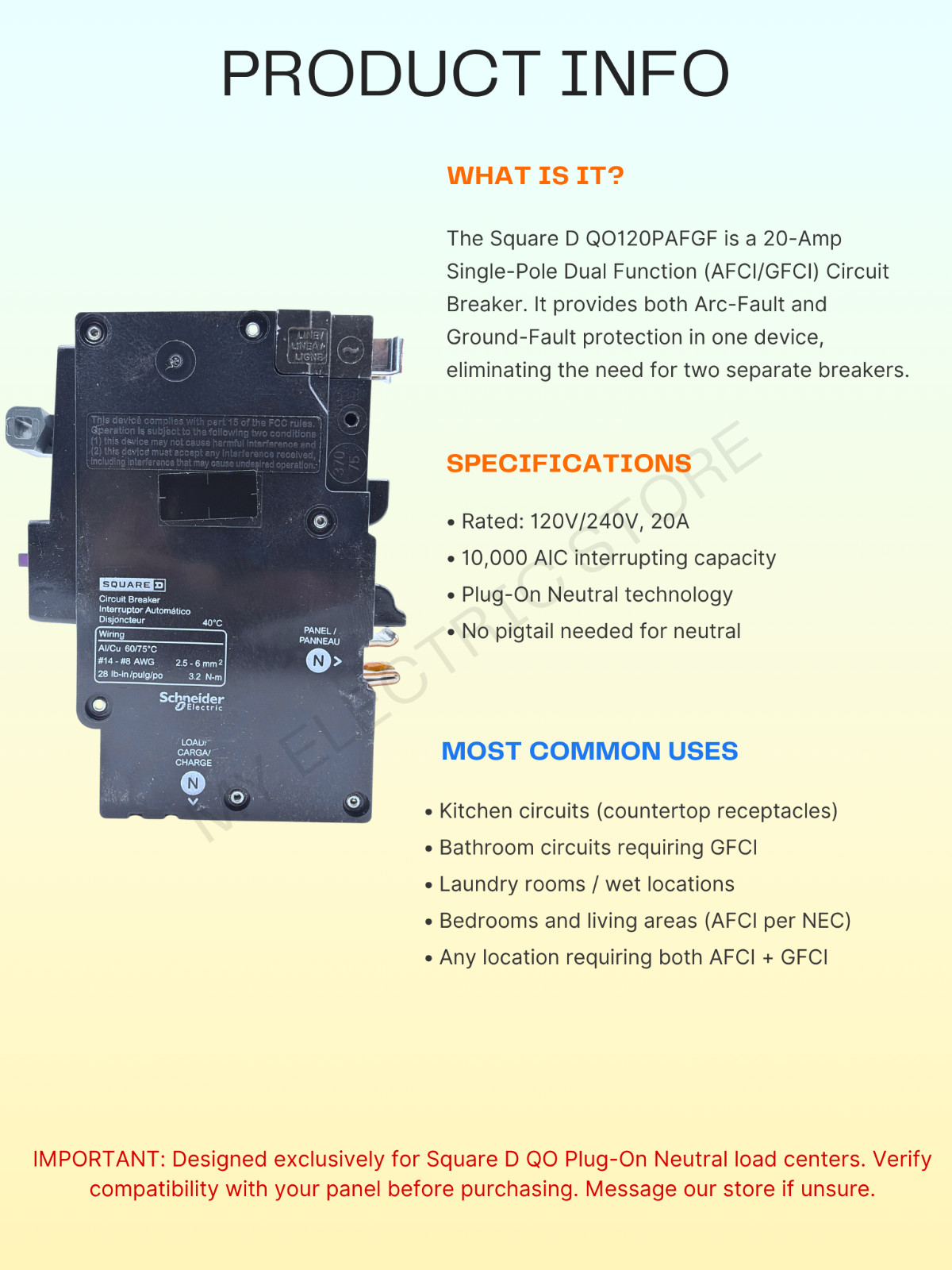 8 PCS QO120PAFGF SQUARE D QO 1P 20A AF/GF DUAL-FUNCTION CIRCUIT BREAKER
