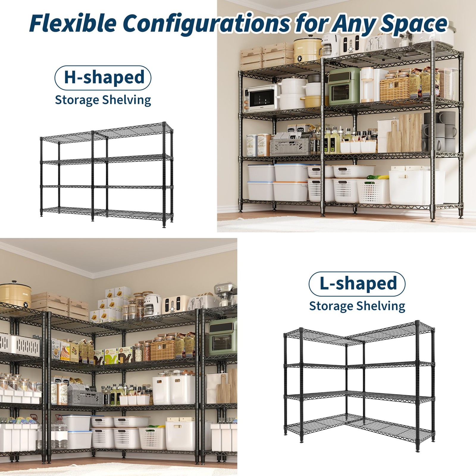 4-Tier Carbon Steel Wire Storage Shelving Double Row Heavy Duty Rack