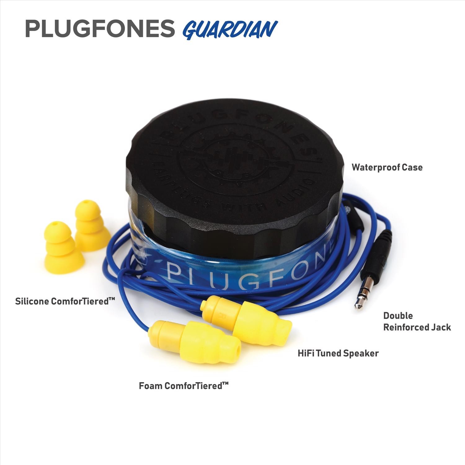 Plugfones Guardian Earplug / Earbud Hybrid – Blue Cable and Yellow Plugs