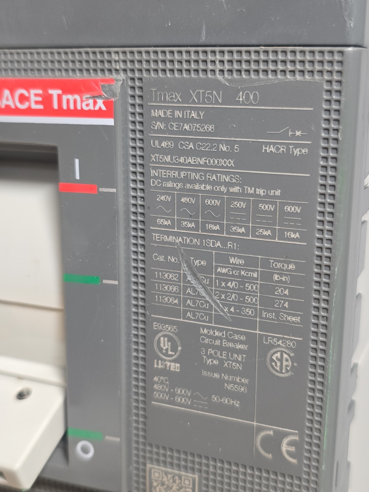 ABB SACE Tmax XT5N 400 Circuit Breaker 400A 3-Pole 600VAC XT5NU340ABNF000XXX