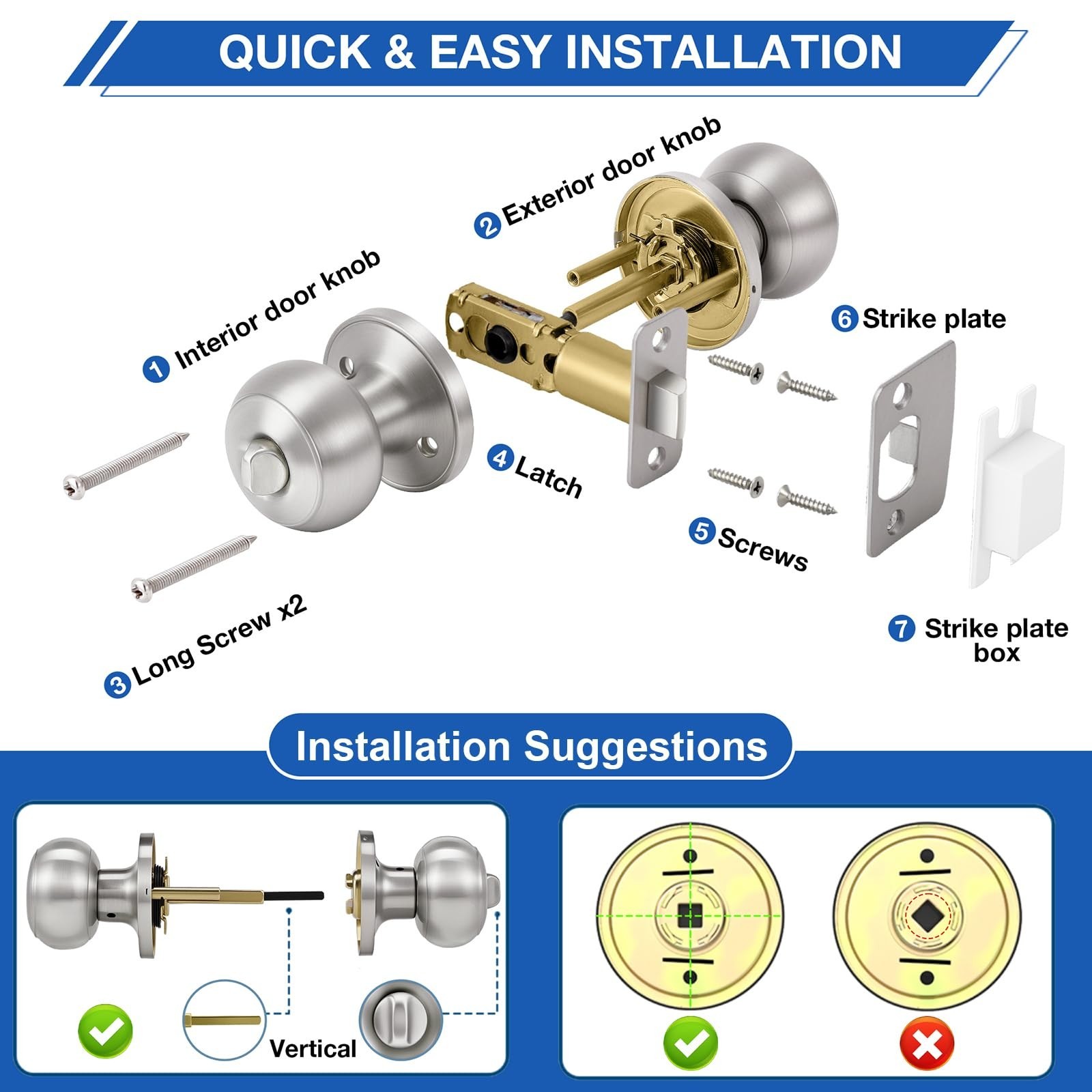 Plustool 5 Pack Brushed Nickel Door Knobs,Privacy Door Knob with Lock, Interi…